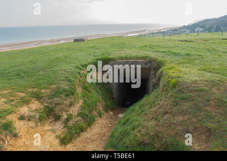 Colleville-sur-Mer, Omaha Beach, Normandie, France, March 28,2019, vestiges de l'important point fortifié allemand WN62, qui a été entièrement détruit durant Banque D'Images