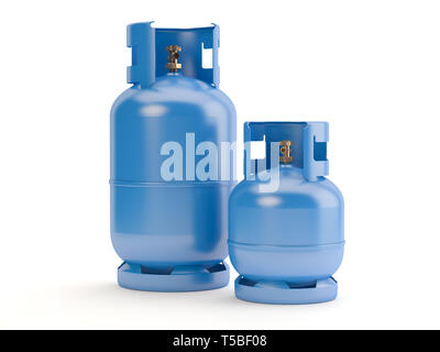 Deux bouteilles de gaz bleu sur fond blanc, 3D illustration Banque D'Images