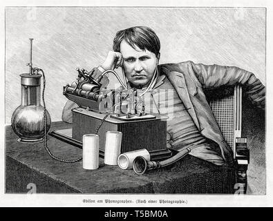 Thomas Edison (1847-1931), gravure, l'écoute de la Edison Phonograph, de Stein der Weisen 1889 Banque D'Images