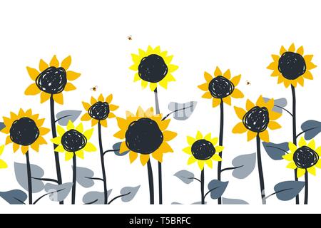 Les tournesols. Frontière horizontale vecteur modèle homogène. Tournesols dessinés à la main, sur un fond blanc. Illustration de Vecteur