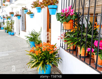 Une ruelle étroite à Mijas village blanc décorée de beaucoup de pots. Andalousie, Costa del Sol, Espagne Banque D'Images