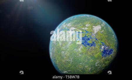 Exoplanète jungle, vert et planète étrangère biologiquement actifs dans un système d'étoiles lointaines (espace 3d illustration) Banque D'Images