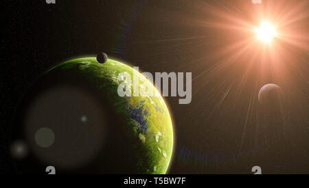 Exoplanète jungle, vert et planète étrangère biologiquement actifs avec lunes dans un système d'étoiles lointaines (espace 3d illustration) Banque D'Images