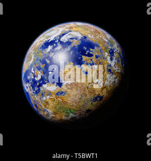 Exoplanète planète étrangère, avec l'eau de surface, les nuages et la vie végétale isolé sur fond noir (espace 3d illustration) Banque D'Images