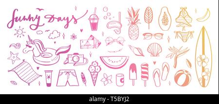 Grand ensemble de vecteur d'éléments design doodle. Collection Plage, fruits tropicaux, maillot de bain, le surf. Isolées sur des croquis dessinés à la main blanc backgroun Illustration de Vecteur