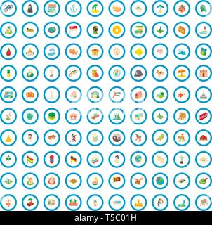 Voyage 100 sites et icons set, cartoon style Illustration de Vecteur