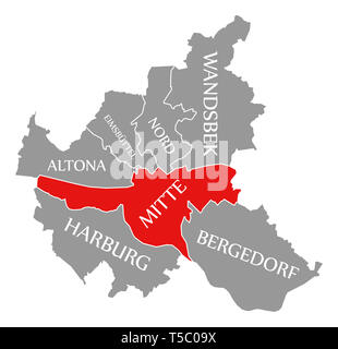 Hamburg Mitte centre-ville red mis en évidence dans la carte de Hambourg Allemagne Banque D'Images