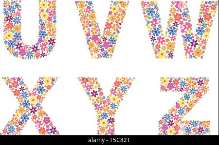 Partie de l'alphabet, les lettres U, V, W, X, Y, Z rempli d'une variété de fleurs colorées isolé sur fond blanc vector illustration Illustration de Vecteur