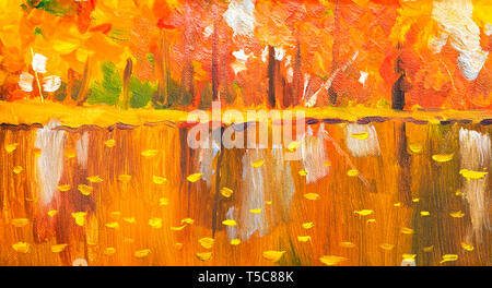 Peinture à l'huile des arbres d'automne. Résumé de l'image semi forêt, trembles avec jaune - la feuille rouge et le lac. L'automne, saison d'automne fond nature. Banque D'Images