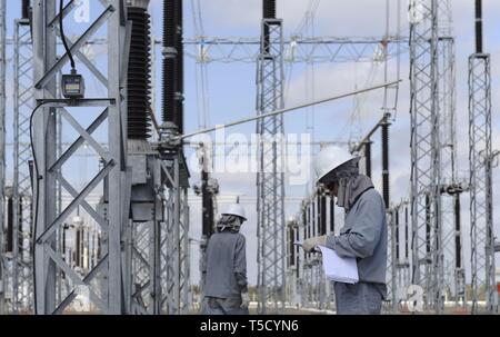 (190424) -- BEIJING, 24 avril 2019 (Xinhua) -- les travailleurs de l'exploitation et l'entretien du Brésil Central Centre d'entreprise chinoise State Grid Brésil maintenant effectuer des inspections de routine d'un poste électrique à Luziania, Brésil, le 23 juillet 2013. (Xinhua/Weng Xinyang) Banque D'Images