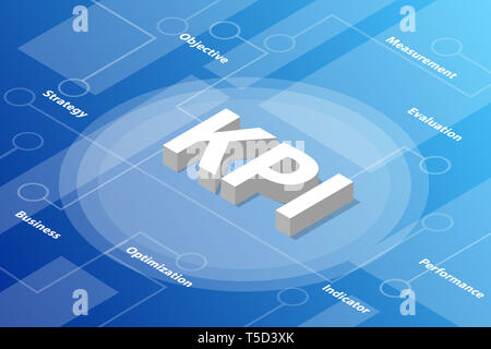 Indicateur de performance clé kpi 3D isométrique mot texte concept avec un certain texte apparenté et dot connecté - vector illustration Banque D'Images
