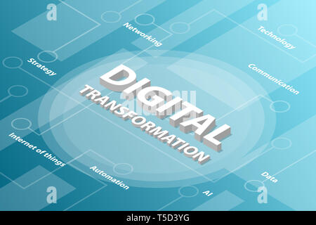 Transformation numérique 3D isométrique mot texte concept avec un certain texte apparenté et dot connecté - vector illustration Banque D'Images