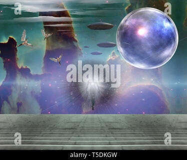 Paysage surréaliste. Brillant esprit humain. Vaisseaux spatiaux et les anges dans le ciel vif. Banque D'Images