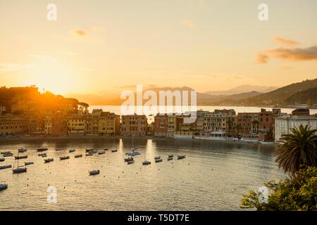 Vue du village avec Harbour dans la baie Baia del Silenzio au coucher du soleil, Sestri Levante, province de Gênes, Riviera di Levante, ligurie, italie Banque D'Images