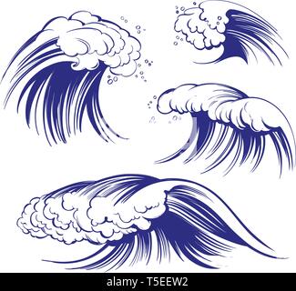 Les vagues de la mer, définir l'icône cartoon collection hand drawn vector illustration croquis Illustration de Vecteur