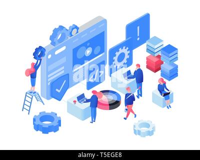 Développement web, logiciel d'illustration vectorielle isométrique. Programmeurs, Développeurs de codage des caractères, le travail d'équipe, la collaboration Clipart 3D. Processus d'optimisation de site web app, élément de design isolés Illustration de Vecteur