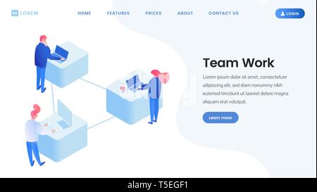 Collègues de travail de l'équipe page d'atterrissage. isométrique Développement logiciel, programmation, codage, 3D de vecteur modèle de page web. Les indépendants, les employés utilisant les ordinateurs portables, le surf Internet, la mise en réseau avec l'illustration de l'espace texte Illustration de Vecteur