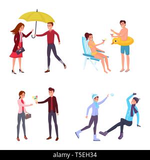 Activités en saison ou deux illustrations. Jeux d'hiver, date romantique, des vacances locations isolé cliparts pack. L'homme et la femme walking in park, le partage parapluie, sunbathing on beach Illustration de Vecteur