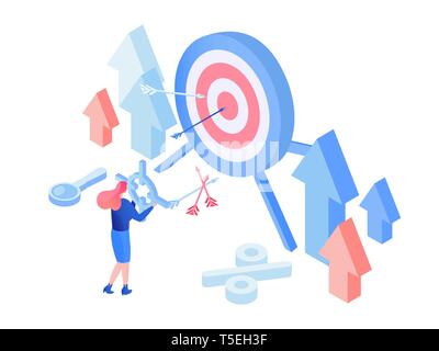 La publicité cible vector illustration isométrique. Optimisation de la commercialisation, l'établissement de campagne de publicité, ventes, l'augmentation du trafic de site web télévision concept. Stratégie de marketing numérique, génération de prospects Illustration de Vecteur