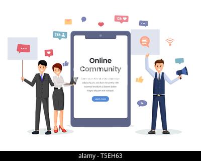 Communauté en ligne mobile app concept. Les utilisateurs de l'application de réseau social avec des pancartes, communication en ligne, technologie numérique télévision illustration. Social media logiciel sur l'écran du smartphone immersive Illustration de Vecteur