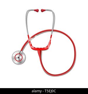 Concept de soins de santé avec stéthoscope isolé rouge maquette. Équipement de médecine stéthoscope réalistes pour le diagnostic de la santé. Vector illustration Illustration de Vecteur