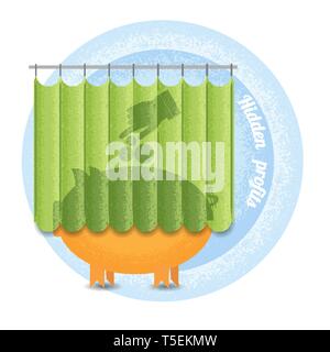 Bénéfices cachés.pointeur Main mis en coins in piggy bank qui se trouve derrière le rideau.Vintage style retro bénéfices cachés icône sur blue circle background Illustration de Vecteur