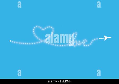 L'aéronef et sa piste sous la forme d'une bande de bande LED brillant en forme de cœur sur un fond bleu. Vector illustration. Le vol Illustration de Vecteur