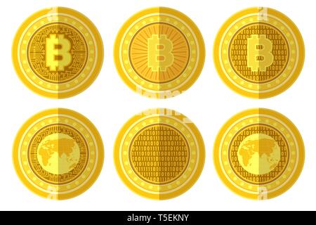Ensemble de pièce d'or plat avec signe bitcoin en arrière et avant. Vector illustration isolé sur fond blanc Illustration de Vecteur