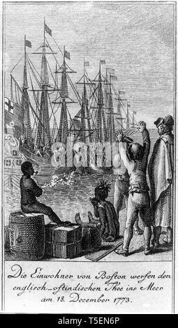 Les habitants de Boston jettent le thé anglais de la compagnie est de l'Inde dans la mer sur 16 décembre 1773, Boston Tea Party Banque D'Images