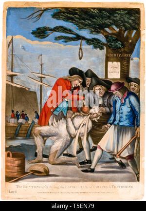 Boston Tea Party, Les Bostoniens de payer la taxe d'accise-man, ou en drapeau et goudronnage, Philip Dawe, 1774, manière noire Banque D'Images