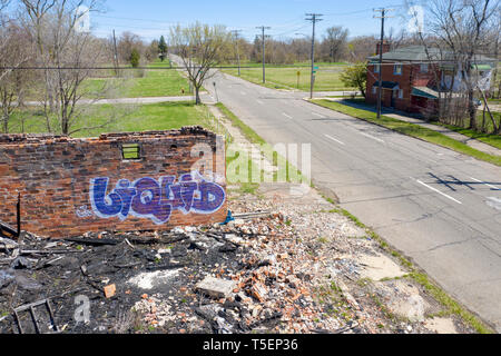 Detroit, Michigan - Le mur d'un immeuble incendié demeure au milieu des grandes sections de terrain vacant qui caractérisent de nombreux quartiers de Detroit. La ville Banque D'Images