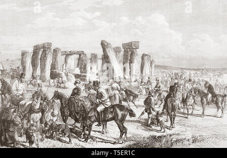 La réunion de Course Champion Wiltshire, Stonehenge, Wiltshire, Angleterre, vu ici au 19e siècle. À partir de l'Illustrated London News, publié en 1865. Banque D'Images