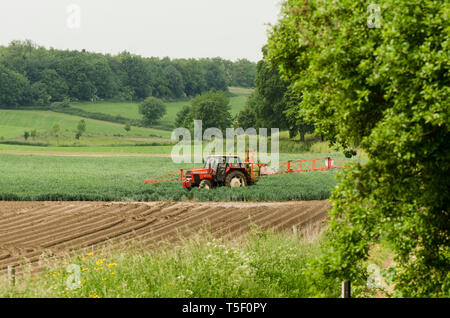 La pulvérisation du tracteur dans les champs des pesticides, province de Limbourg, Pays-Bas. Banque D'Images