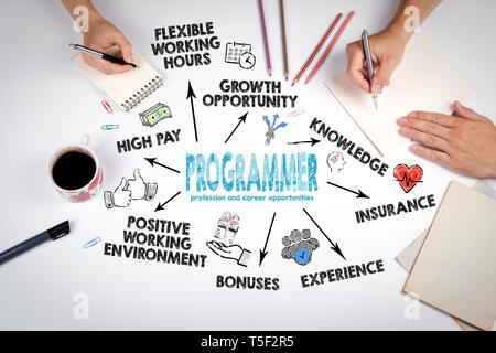 Profession de programmeur et de possibilités de carrière. Carte avec des mots-clés et des icônes Banque D'Images