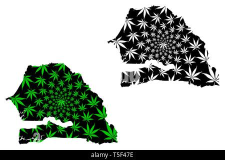 Sénégal - carte feuille de cannabis est vert et noir, République du Sénégal carte de marijuana, THC) feuillage, Illustration de Vecteur