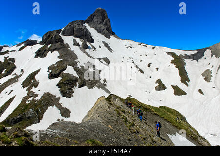 Les alpinistes l'ordre croissant à la Cabane Rambert, crête Petit Muveran derrière, Ovronnaz, Valais, Suisse Banque D'Images