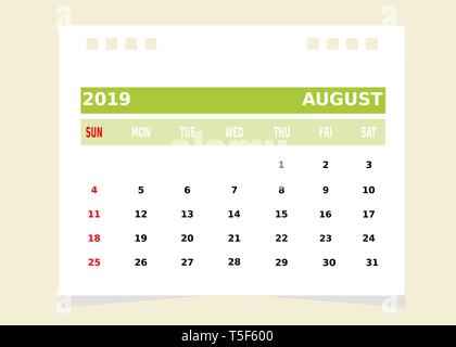 Mois du calendrier d'août 2019. Illustration de Vecteur