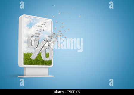 Le rendu 3D de l'écran d'informations avec grosse pierre signe de pourcentage à partir de se dissoudre dans des particules à l'écran sur fond bleu avec copie espace. Banque D'Images