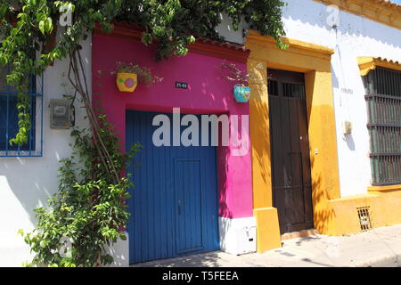 Maisons peintes de couleurs dans le centre historique de Carthagène en Colombie, construit en style colonial espagnol avec des balcons en bois Banque D'Images