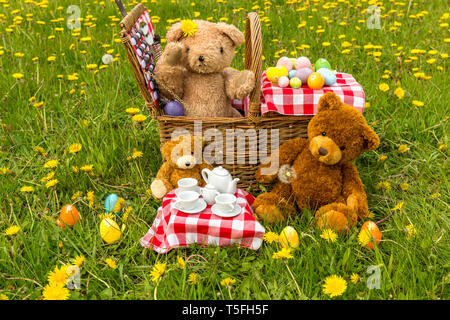 Teddy Bear's picnic avec des pissenlits jaunes et rouges nappe vichy. Concept : heureux, en plein air, la nature, les enfants. Paysage, l'espace pour copier Banque D'Images