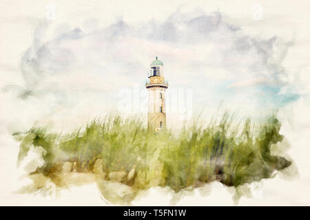 Phare de Warnemuende avec dunes de sable et d'herbe à l'aquarelle Banque D'Images