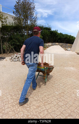 Homme transportant des rouleaux de gazon dans une brouette Banque D'Images