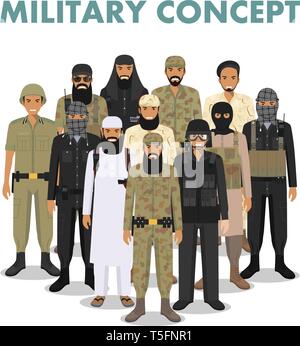 Concept militaire. Ensemble d'autre illustration détaillée de soldats musulmans arabes en tenue de camouflage dans l'article ensemble dans le style plate on white Illustration de Vecteur