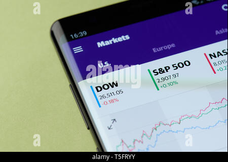 New York, USA - 22 avril 2019 : les marchés américains de l'interface graphiques sur l'écran du smartphone Banque D'Images