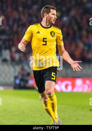 Bruxelles, Belgique - le 21 mars 2019. Défenseur de l'équipe nationale de football belge Jan Vertonghen pendant l'UEFA Euro 2020 Belgique match de qualification contre la Russie Banque D'Images