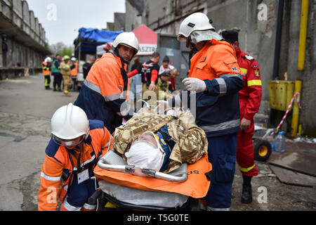 Bucarest, Roumanie - 10 avril 2019 : l'équipe de sauvetage d'urgence en action au cours de l'exercice médical les plus complexes dans l'histoire de l'OTAN, guerrier vigoureux Banque D'Images