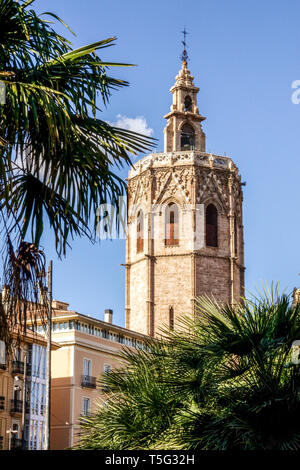 Espagne Tour de la cloche de Valence El Micalet avec palmier, Tour de la Cathédrale Cathédrale de Valence de la Plaza de la Reina, Europe Banque D'Images