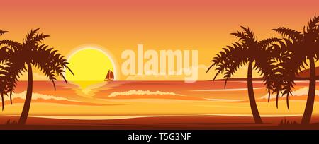 Paysage de l'océan. Coucher du soleil sur la plage sur l'océan Illustration de Vecteur