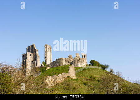 Vue sur la cité médiévale des ruines historiques de Corfe Castle dans le Dorset, en Angleterre. UK Banque D'Images