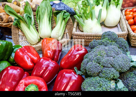 Poivrons rouges frais, brocoli, fenouil et pak choi exposés sur un marché traditionnel de légumes de Valence Banque D'Images